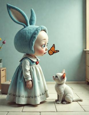 The primary subject of the image is a little girl dressed in a blue dress, standing next to a white cat. The setting is a room with a wall in the background. The visual style is a combination of photo and digital art, creating a whimsical and imaginative scene. The dominant colors are blue and white, giving the image a calm and serene atmosphere.